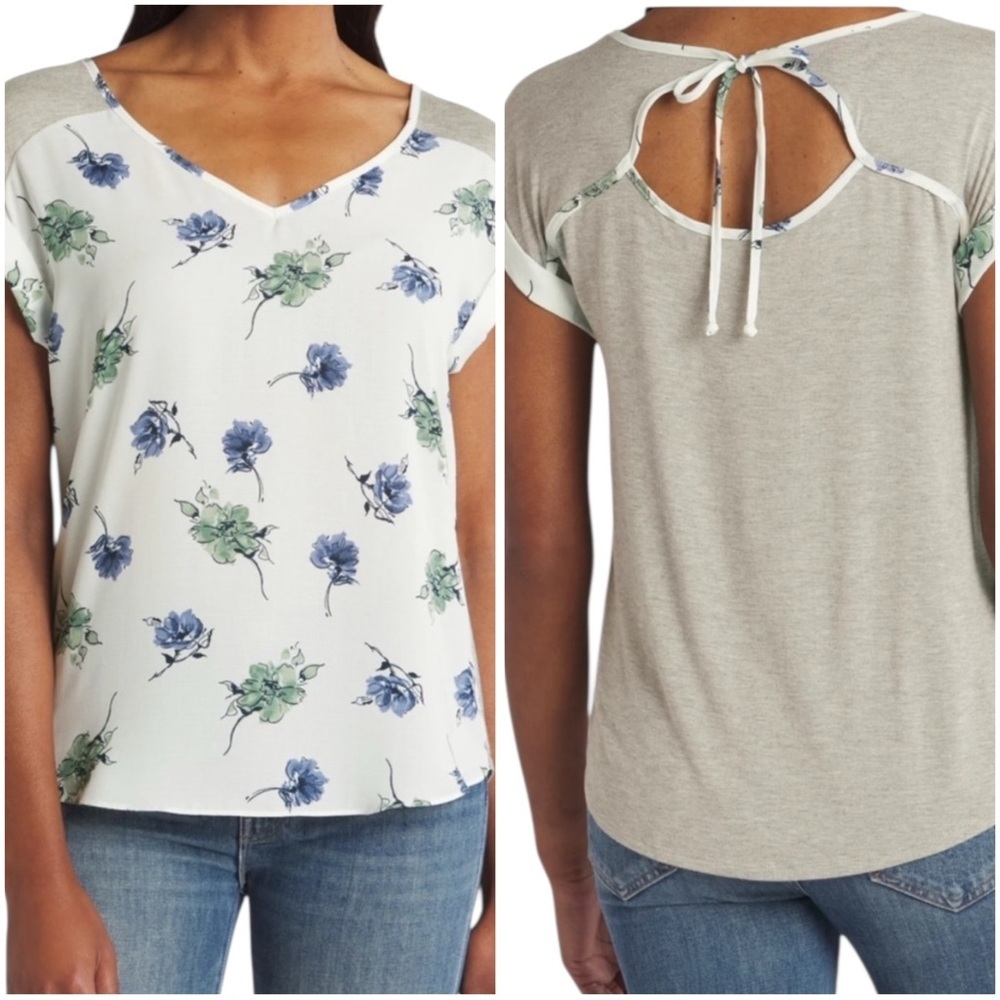 Fortune + Ivy Medium White Blue Floral Cuffed Sleeve Blouse Open Back
